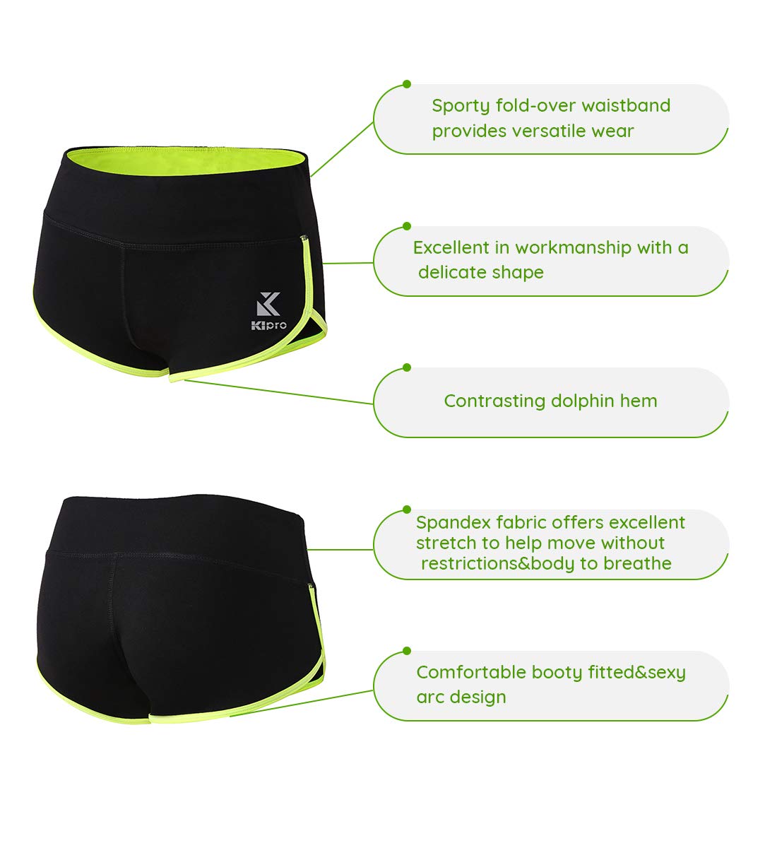 Kipro Womens Ultra Lightweight Running Tennis Workout Yoga Shorts Black/Fluorescent Green