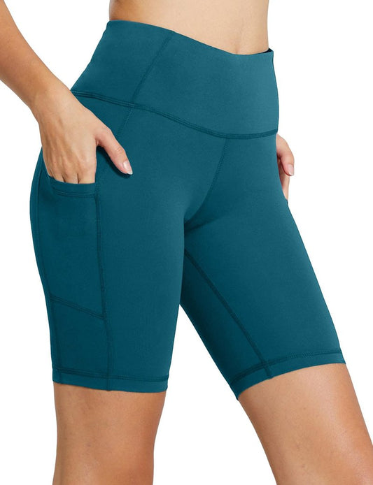 baleaf Biker Shorts Women Yoga Gym Workout Spandex Running Volleyball Tummy Control Compression with Pockets 8" Blue M