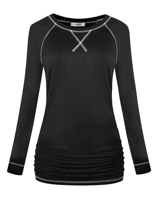 MOQIVGI Ruched Tops for Women Long Sleeve Raglan Workout Shirts Fashion 2024 Crew Neck Moisture Wicking Soft Comfort Fall Winter Exercise Fitness Apparel Black X-Lagre