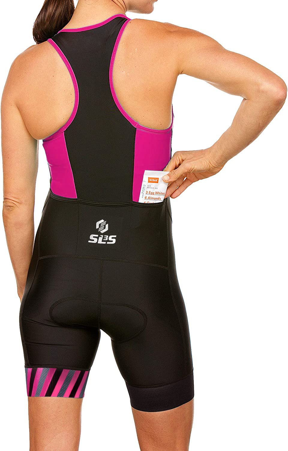 SLS3 Triathlon Suits Women - One Piece Tri Suit Women with Comfortable and Durable FRT Fabric - No Shelf Bra (Black/Bright Rose Stripes, Small)