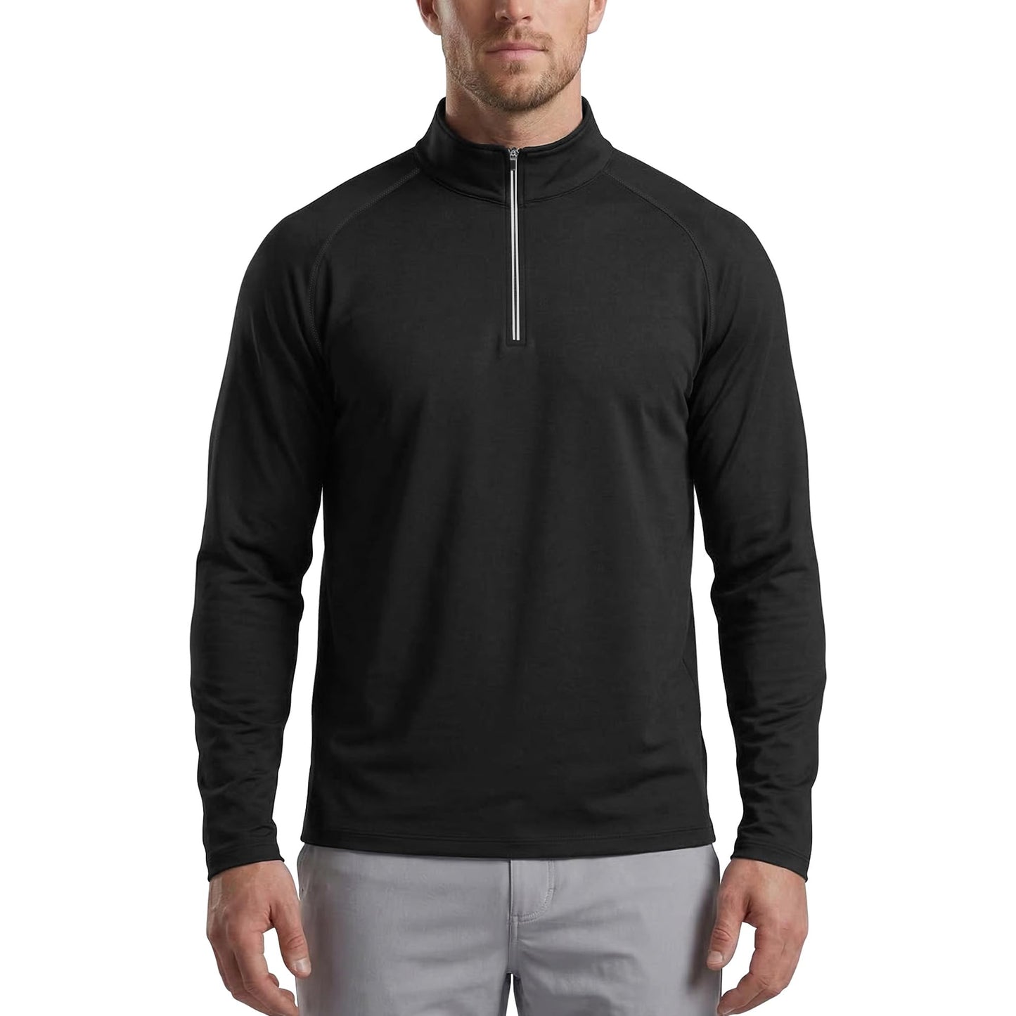 Zengjo Mens 1/4 Zip Pullover Lightweight Long Sleeve Running Workout Shirts(Black,L)