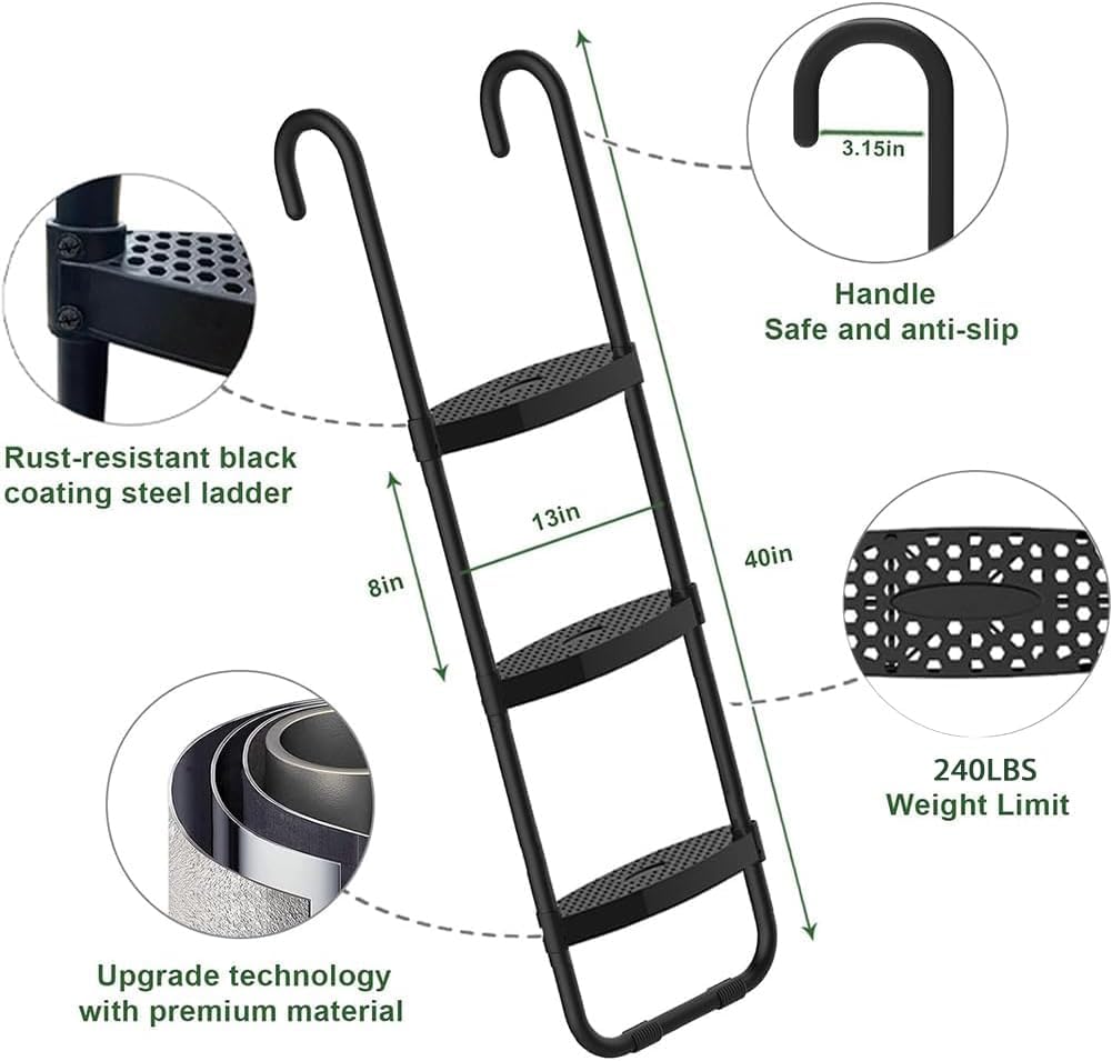 Eurmax USA Universal Trampoline Ladder,240 lbs Capacity,3 Wide Skid-Proof Steps&Shoe Storage Pocket,UV-Resistant Steel Stairs for Kids,Heavy Duty Universal Hook Fit,Trampoline Accessories for Children