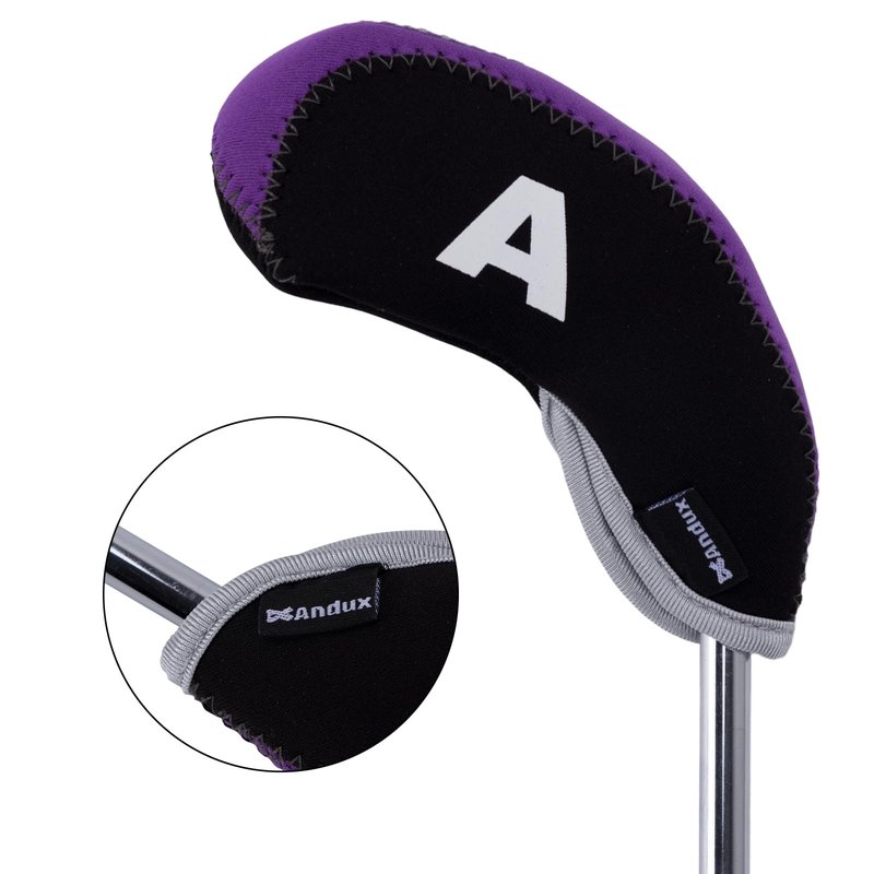 Andux Number Print Golf Iron Club Head Covers with Transparent Window 10pcs/Set Black/Purple