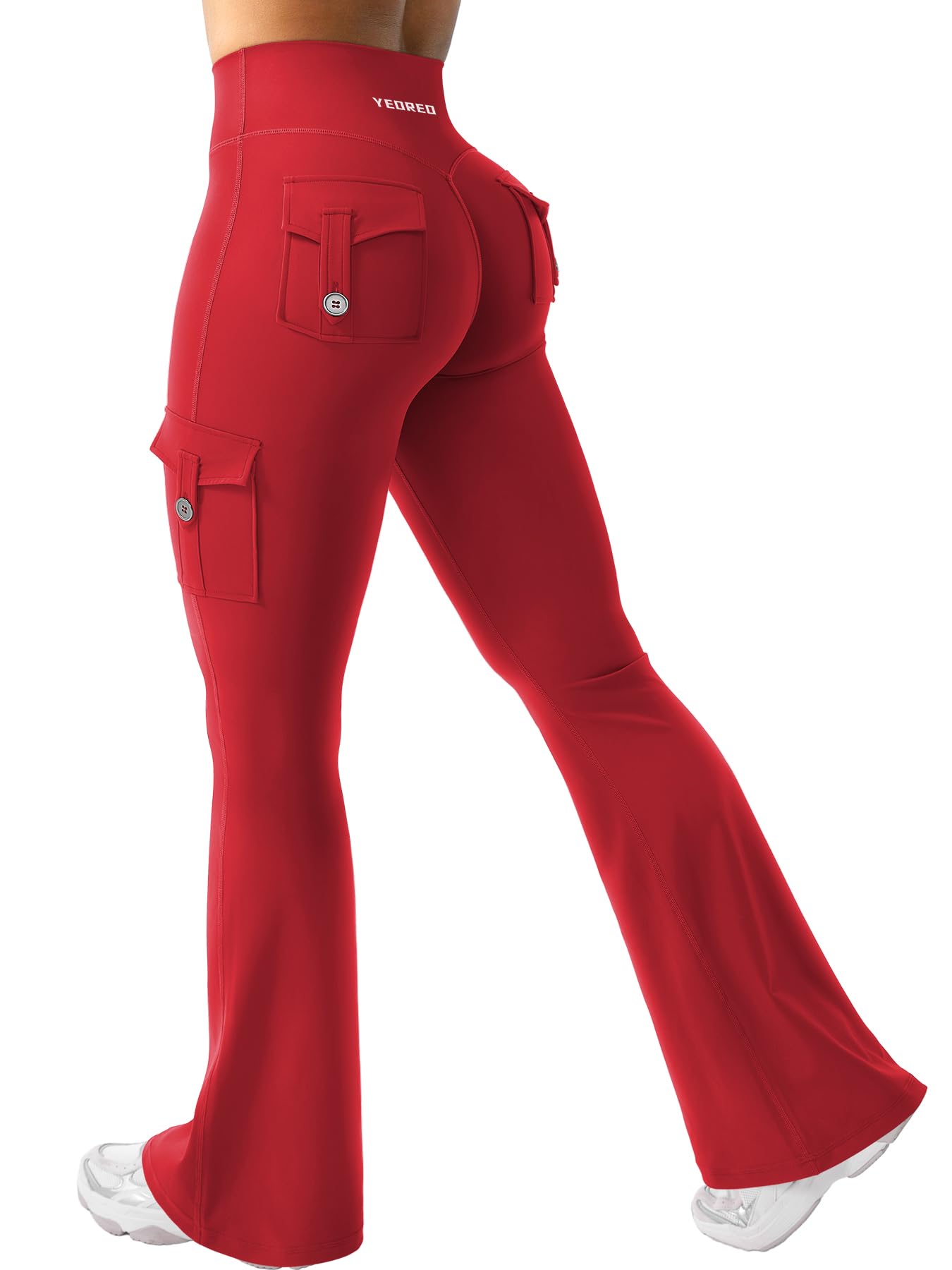 YEOREO CoreFlex Women Workout Flare Leggings with Pockets Hidden Scrunch Cargo Gym Yoga No Front Seam Leggings Red S