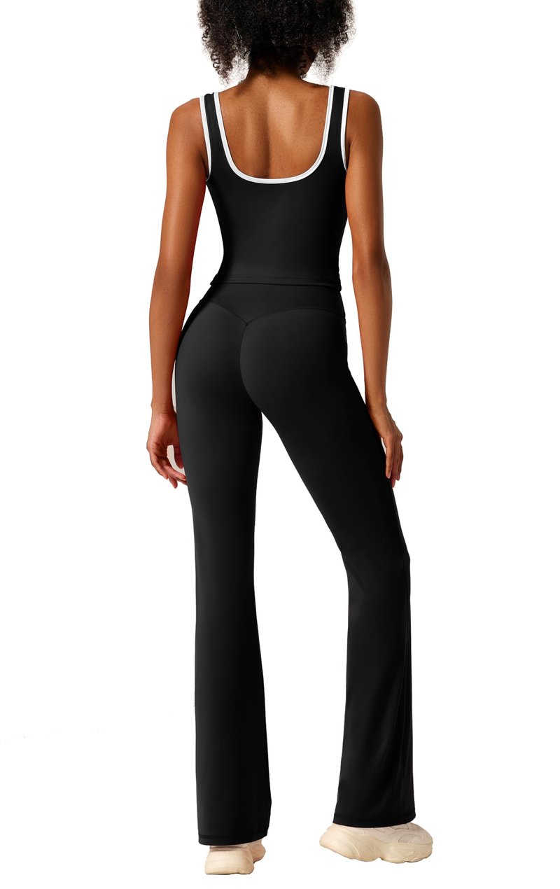 RXRXCOCO Workout Sets For Women 2 Piece Gym Yoga Pilates Outfits Active Matching Set Flare Leggings Scrunch Butt Lifting Crop Tank Top Black M