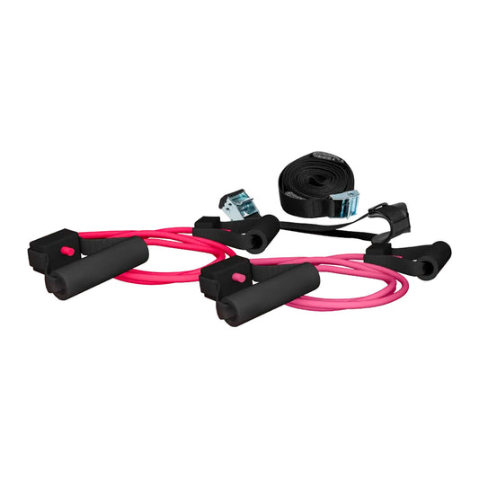 BODi Portable Resistance Bands Kit with Control Track for Home Gym Fitness Workout Equipment, Steel-Buckle Door Strap, Cam Buckle Cable Cradle, 2 Workout Bands Handle Sets, Pink & Magenta