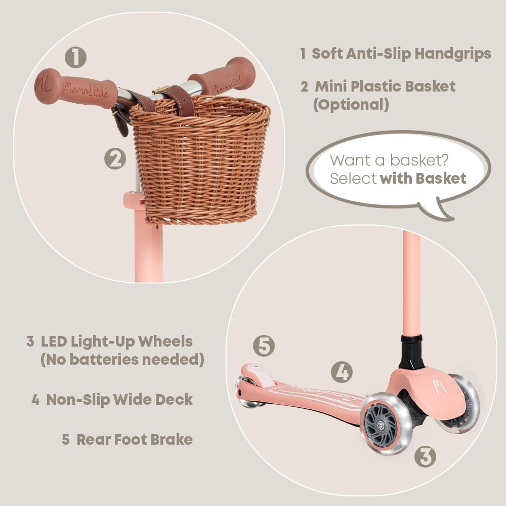 MomnLittle Kick Scooter for Kids Ages 3-10 (Beige) 3 Wheeled with LED Light-Up Wheels CPSC Certified Foldable and 4 Height Adjustable Toddler Scooters for Boys Girls
