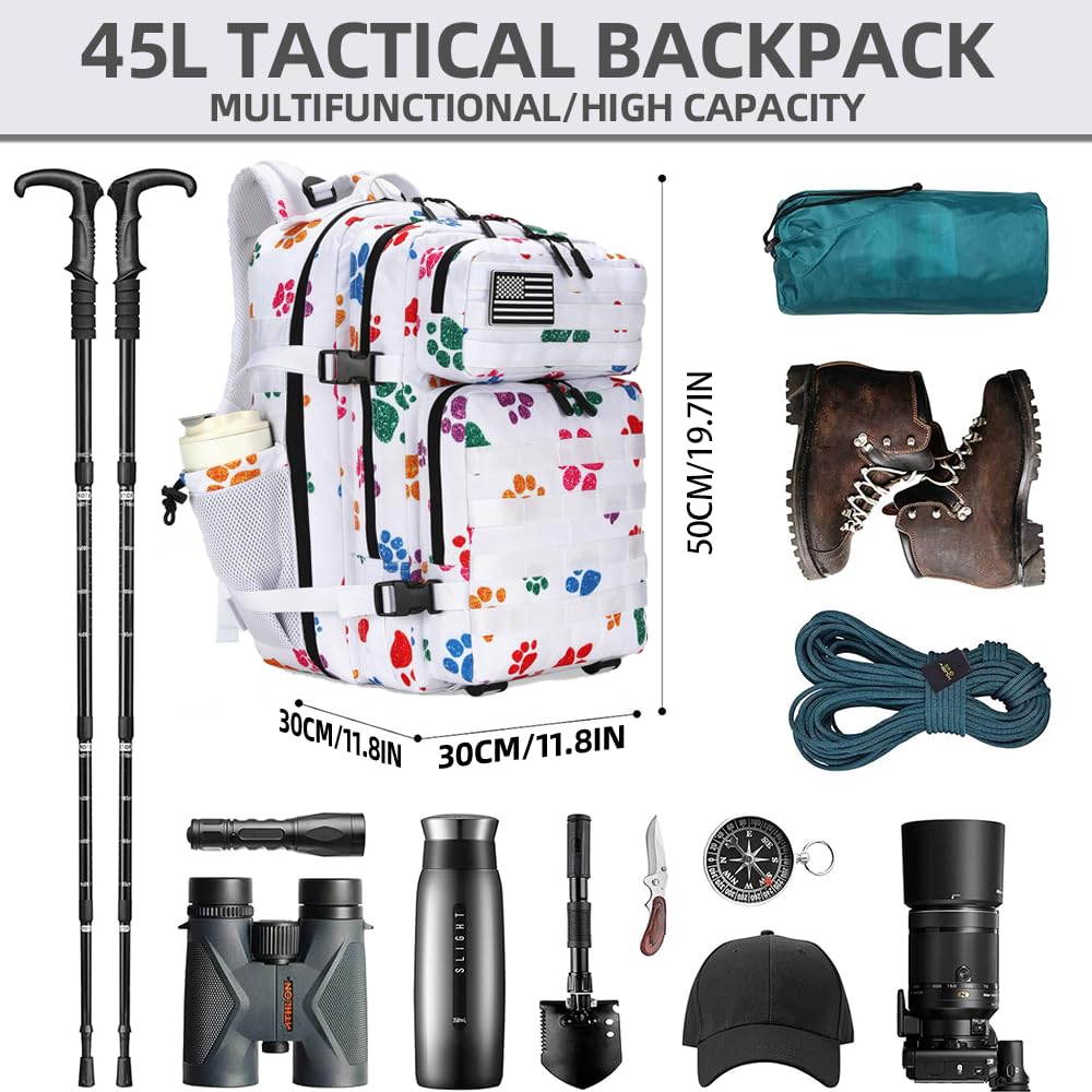 Lovelinks21 45L Tactical Assault Backpack 3 day assault pack with Molle Waterproof backpack Rucksack for Tactical Backpacks (Colorful paw prints)