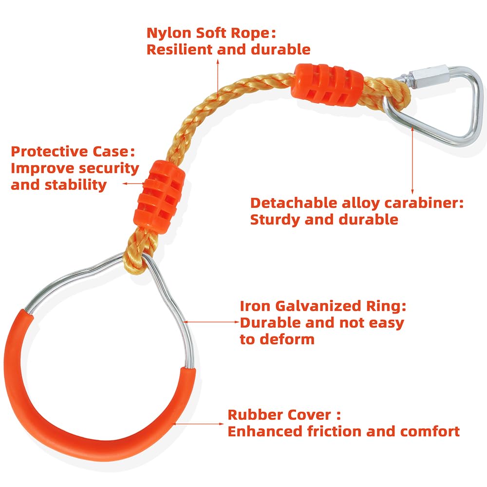 Fitness Gymnastic Rings Swing Monkey Bar Rings for Backyard Outdoor Indoor, Removable Ninja Warrior Accessories Playground Training Equipment Hanging Ninja Rope Rings for Jungle Home Gym (2 Orange)