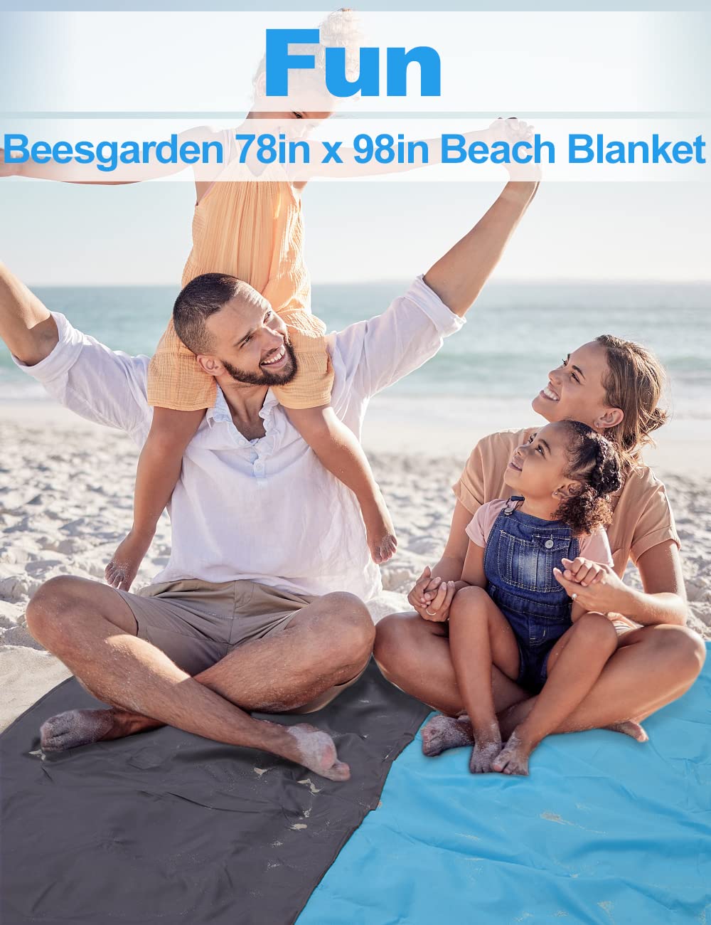 Beesgarden Beach Blanket Waterproof Sandproof, 108''×118'' Oversized Lightweight Blue Beach Mat with 4 Stakes for 7-10 Adults, Summer Essentials Outdoor Large Blanket for Travel Camping Hiking Picnic