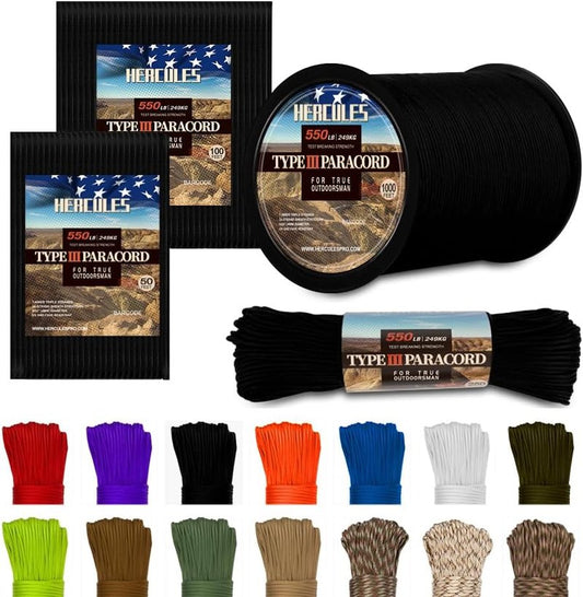 HERCULES Type III Paracord 550 Rope - 100' Black Survival Cord for Outdoor Use