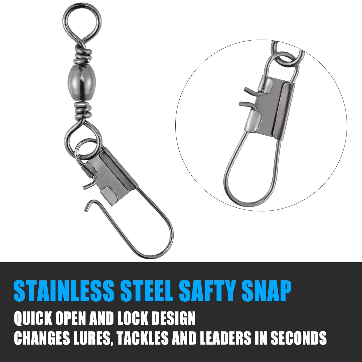 Dr.Fish 50 Pack Fishing Snap Swivels, Barrel Swivels Fishing Tackles, Stainless Steel Safty Interlock Snaps Leader Line Lure Connector Fresh&Saltwater #4