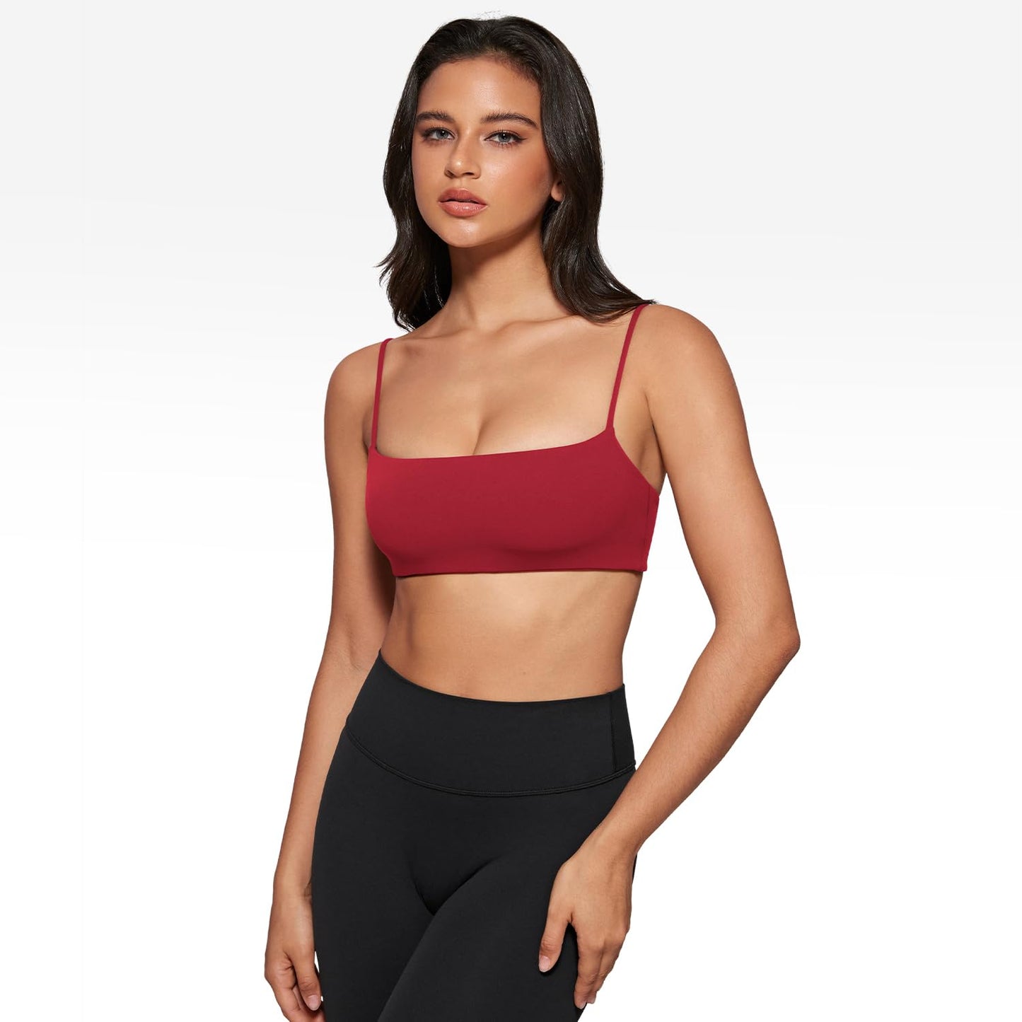 INGIA Women's Square Neck Sports Bra Spaghetti Strap Padded Cami Yoga Wireless Square Back Workout Bra Crop Top Cerise Medium