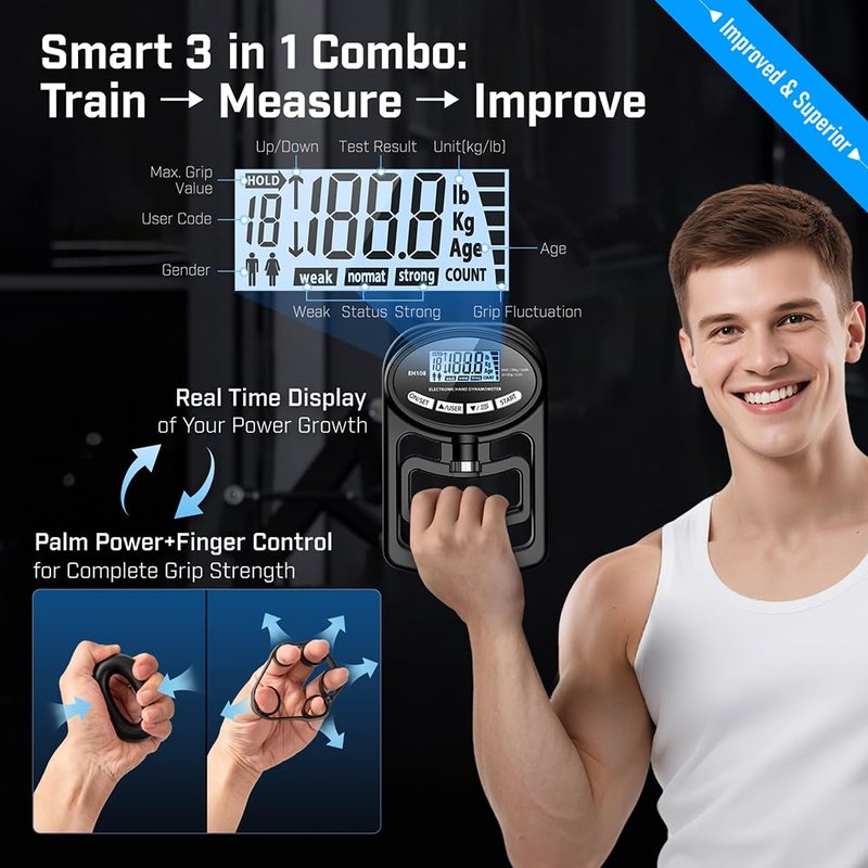 Grip Strength Tester & Trainer - Digital Hand Dynamometer, Adjustable Forearm Strengthener up to 265lbs /120kg, Handheld Gauge Meter for Sports Training, School & Home Use