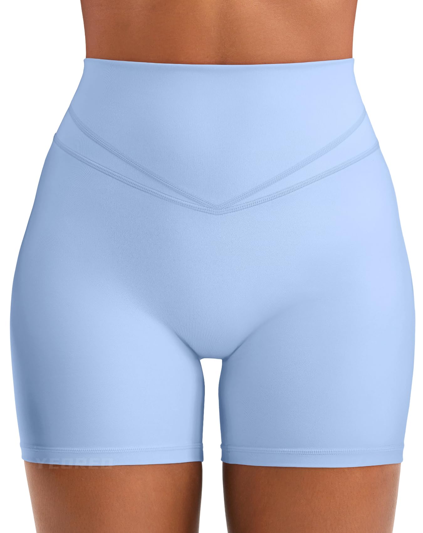 YEOREO Women Workout Yoga Shorts 4.5" No Front Seam Hidden Scrunch Almiy High Rise Buttery Biker Shorts Light Blue S