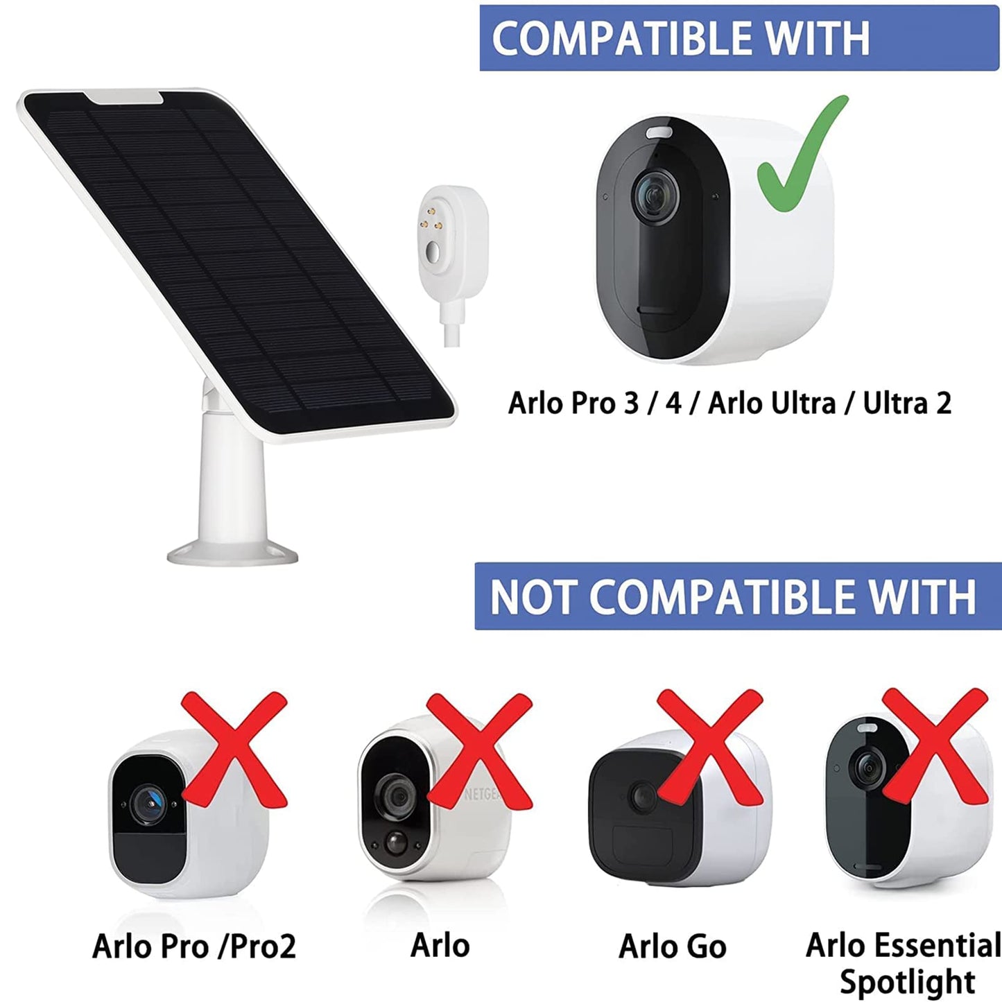 Upgrade 5W Solar Panel Charging Compatible with Arlo Pro 3/Pro 4/Pro 5S/Ultra/Ultra 2/Go 2 Continuous Power Supply IP65 Weatherproof with 9.8ft Charging Cable and Adjustable Wall Mount 1Pack