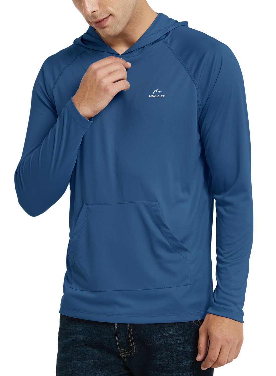 Willit Men's UPF 50+ Sun Protection Hoodie Shirt Long Sleeve Rash Guard Fishing SPF Outdoor UV Shirt Lightweight Pocket Ocean Blue L