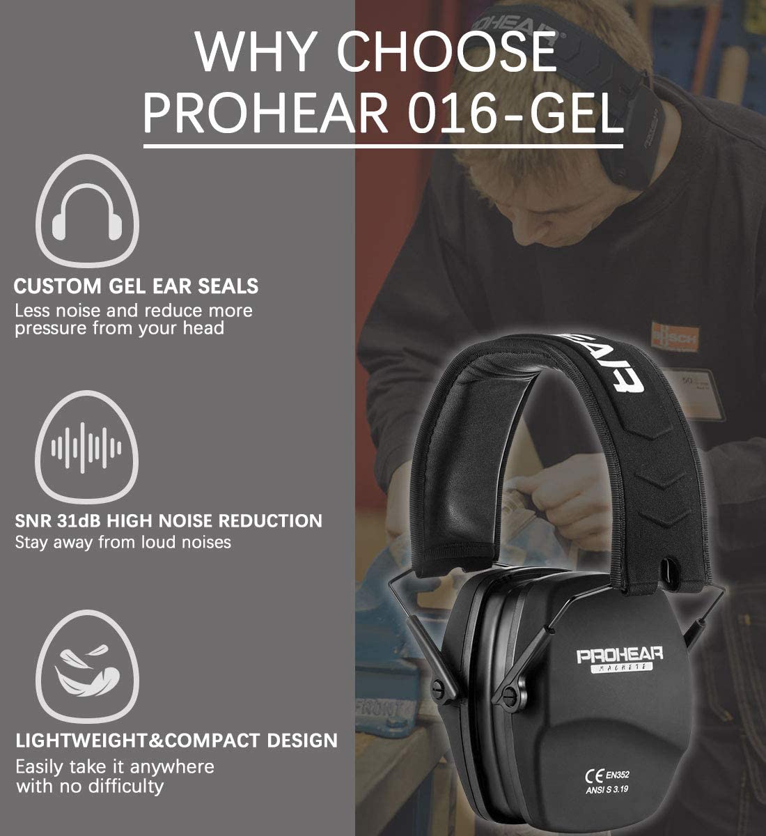 PROHEAR 016-Gel Shooting Ear Protection Safety Muffs with Gel Ear Seals, NRR 26dB Noise Reduction Slim Low Profile Passive Earmuffs, Light Weight Folding Hearing Protector for Airsoft, Hunting (Black)