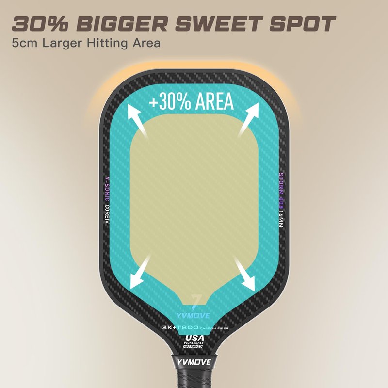 YVmove T800+3K Carbon Fiber Pickleball Paddle with 16mm V-Sonic IV Dynamic Core, Premium Pickle Ball Thermoformed Unibody, Elongated Shape, Enhanced Control & Ultimate Spin, USAPA Approved