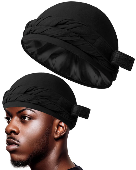 BEACE Turban for Men & Women, Silk Satin Lined Pre-Tied Halo Turban Durag Head Wrap Skull Cap beanie Hair Cover for Sleeping Black