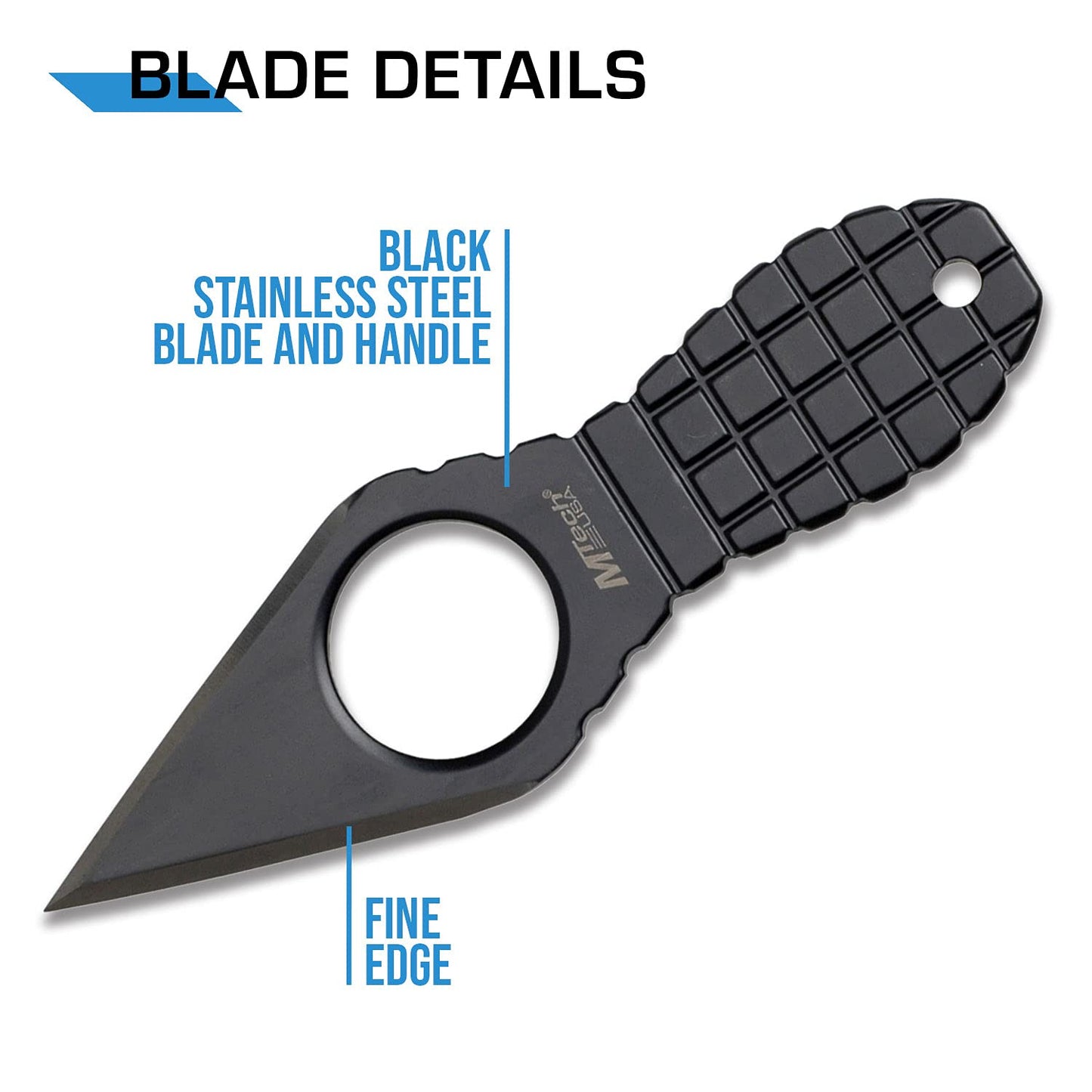 MTech USA – Fixed Neck Knife - Black Blade and Handle, Full Tang, Includes Nylon Fiber Sheath w/ Pocket Clip and Ball Chain - Hunting, Camping, Survival, Tactical, EDC – MT-588BK