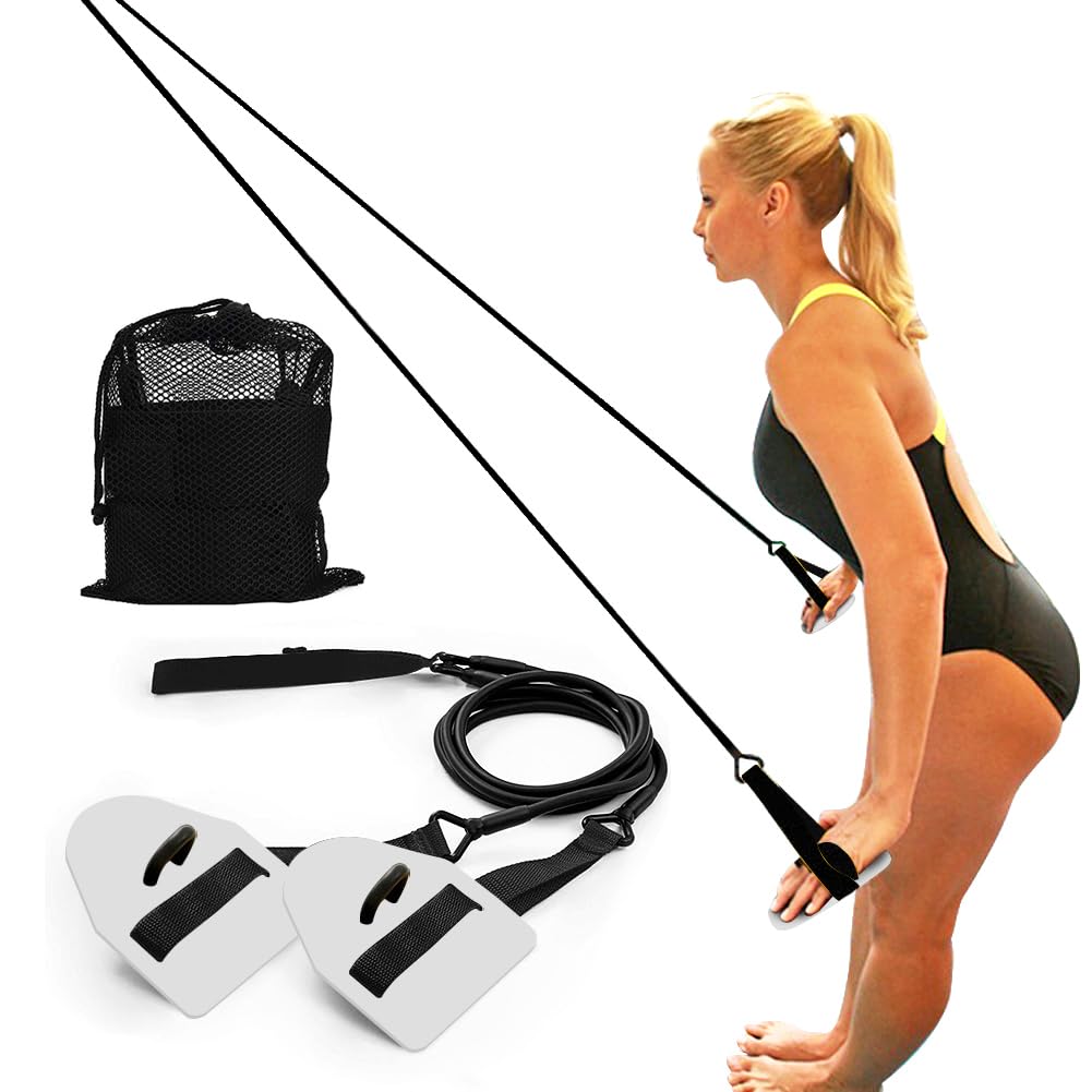 Dryland Powercord with Paddles,Swimming Arm Strength Trainer, Professional Freestyle Swimming Resistance Exercise Bands Set