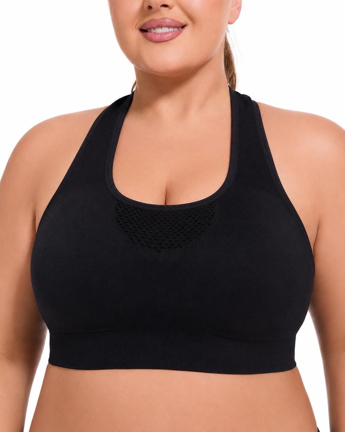 FANCMISTERY Plus Size Sports Bra for Women Racerback Wireless Padded Bra with Ventilated Mesh and Anti-Slip Design for Yoga,Cycling,Jogging and Workout (US, Alpha, 3X-Large, Plus, Regular, Black)
