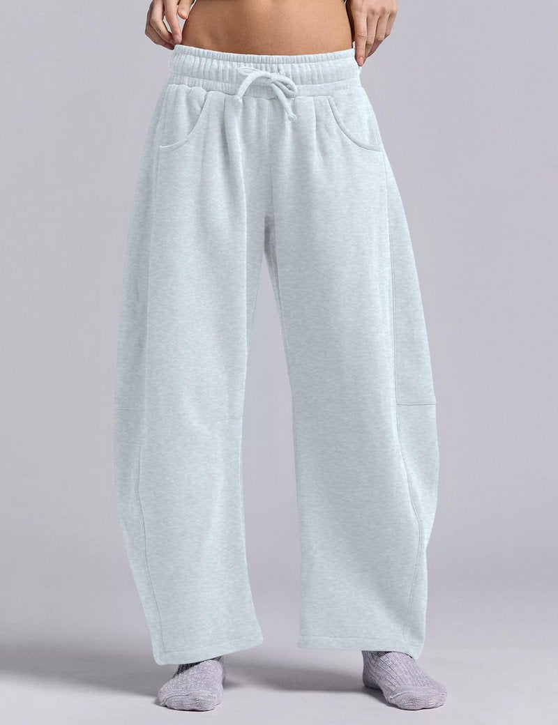 HeSaYep Women's Barrel Leg Sweatpants Drawstring Wide Leg Lounge Pants Baggy Casual Cotton Sweat Pants with Pockets,White Grey M