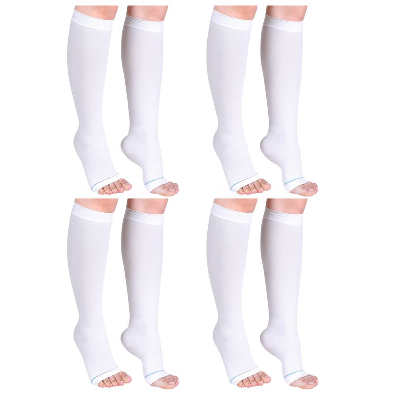 Sintege 4 Pairs Open Toe Anti Embolism Compression Stockings TED Hose 15-20mmHg Compression Socks 18mmHg Toeless Knee Socks for Women Men Swelling(S/m)