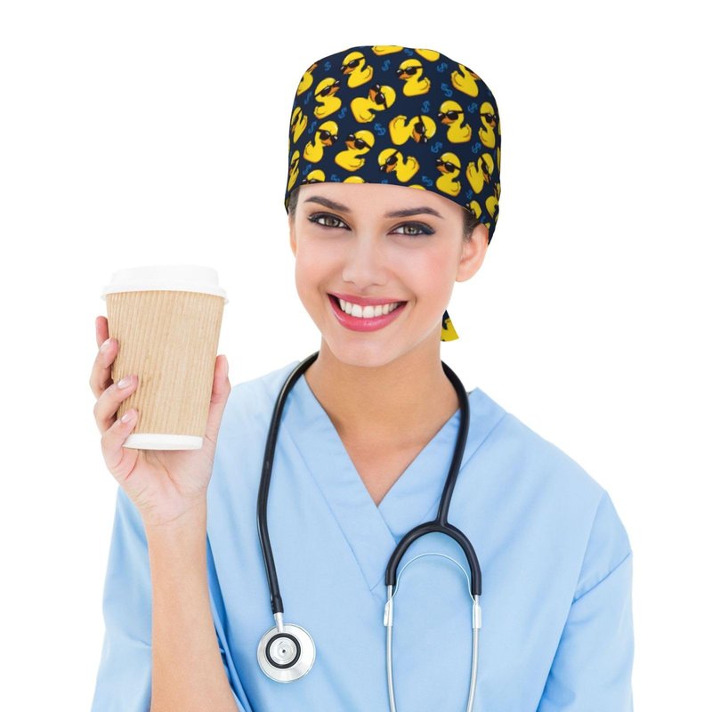 Funny Duck Working Cap with Sweatband Adjustable Scrub Cap for Women Men Tie Back Hat Nurse Surgical Caps