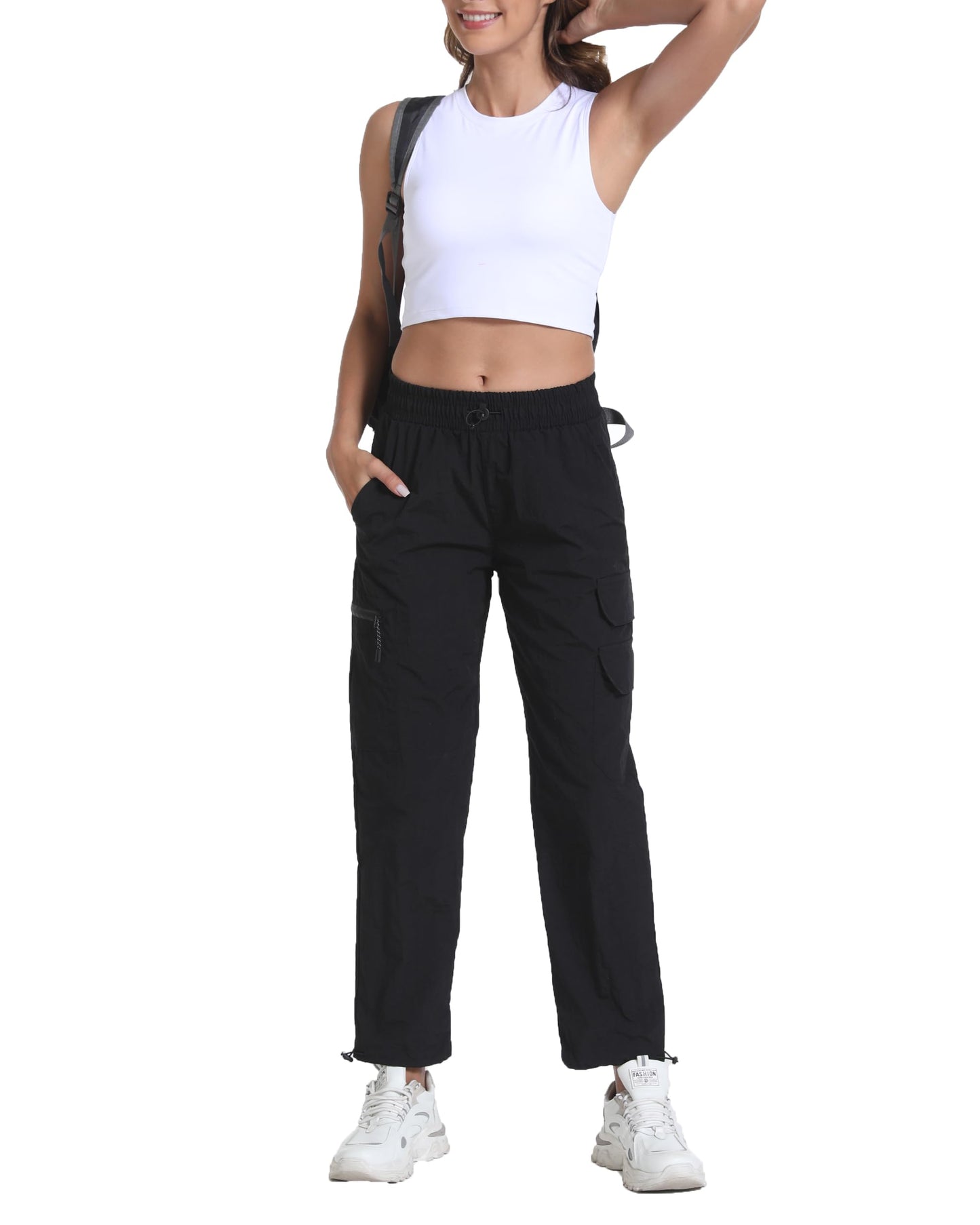Yoglegins Women's Lightweight Hiking Joggers with Pockets - Water Resistant Cargo Pants for Outdoor Workouts Camping (Black Straight, Medium)