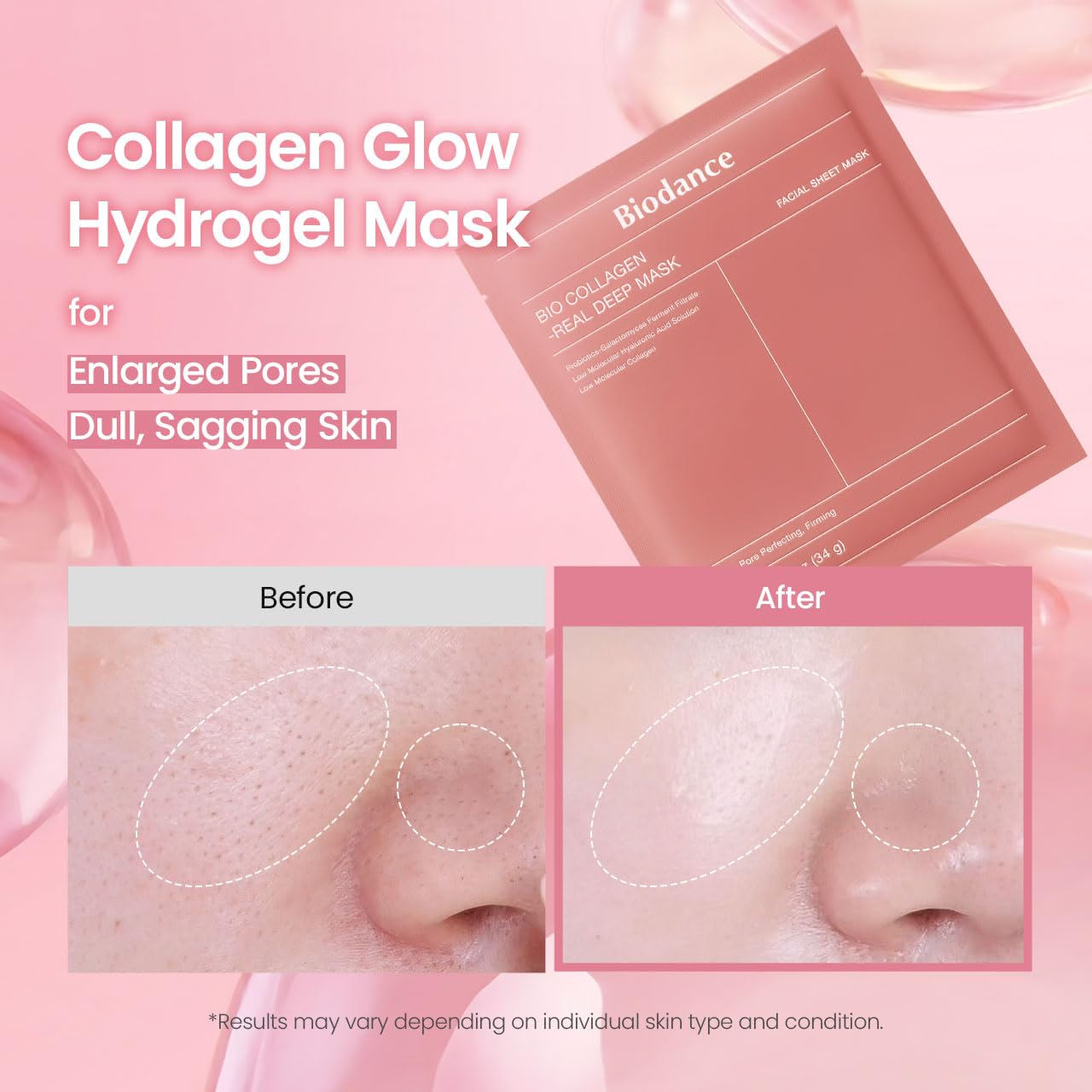 Bio-Dance Bio-Collagen Deep Hydrating Hydrogel Face Mask - Pore Minimizing & Plumping | 1.19oz (34g) x 4 Pack