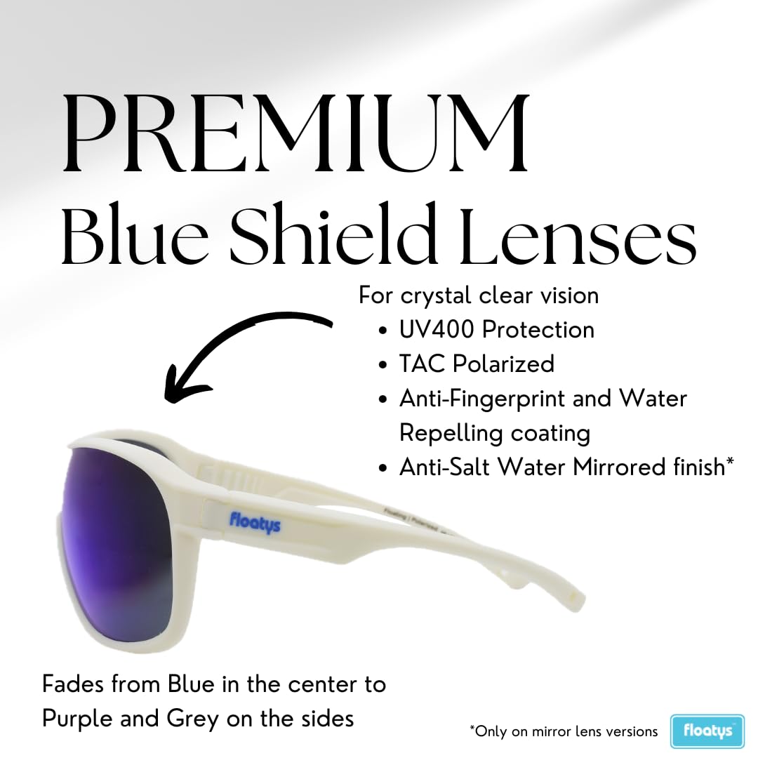 Floatys Floating Sunglasses Rubberized Rapids | Polarized Water Repelling Lenses | Sport shield wrap around | Men and Women (White Frame/Blue Mirror Lens)