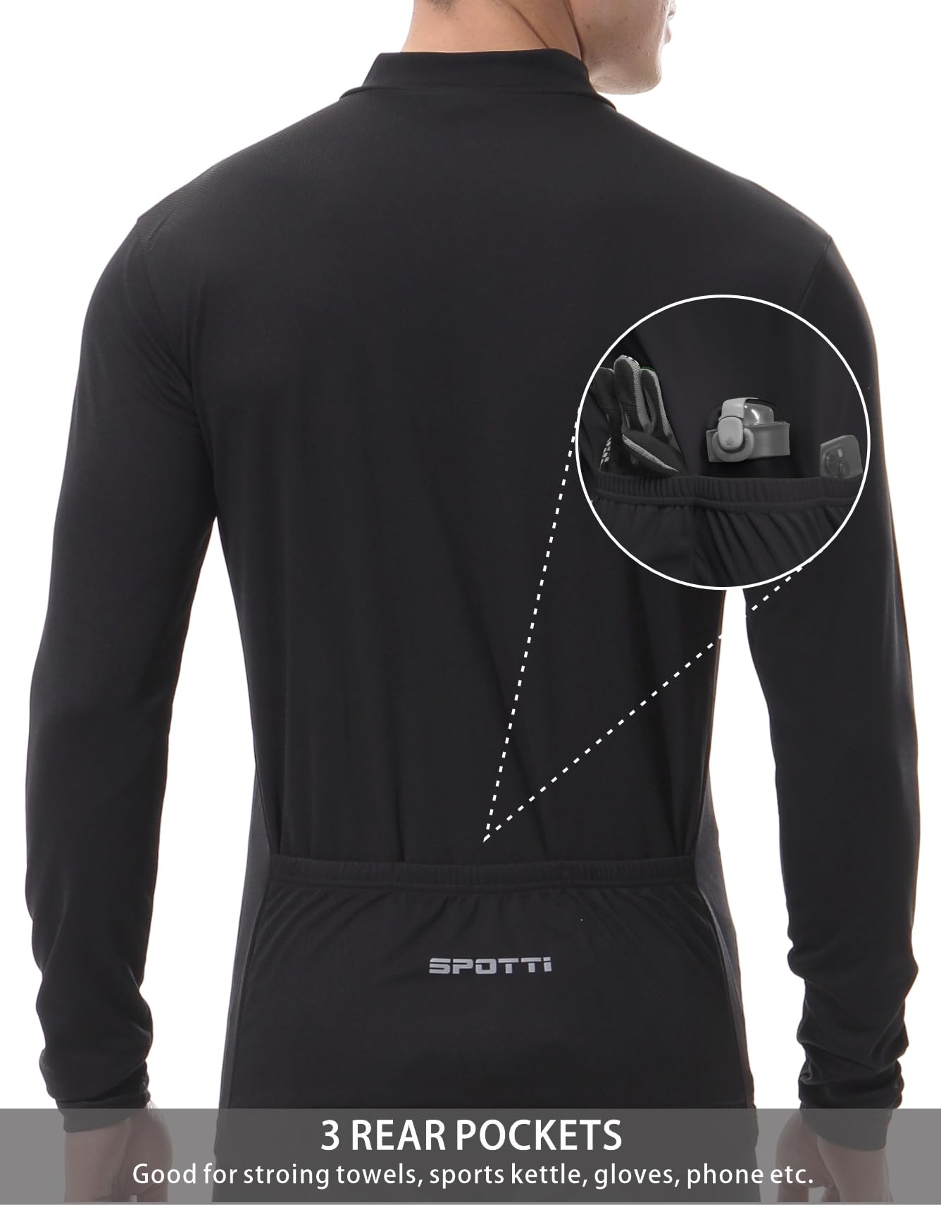 Spotti Men's Cycling Bike Jersey Long Sleeve with 3 Rear Pockets - Moisture Wicking, Breathable, Quick Dry Biking Shirt Black