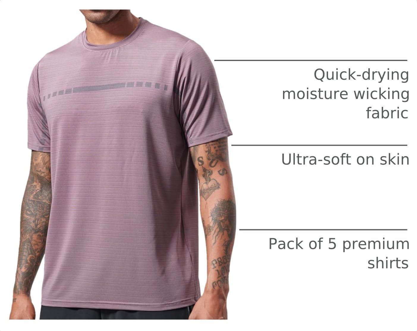 5 Pack Men’s Active Quick Dry Crew Neck T Shirts | Athletic Running Gym Workout Short Sleeve Tee Tops Bulk (Set 12, Small)