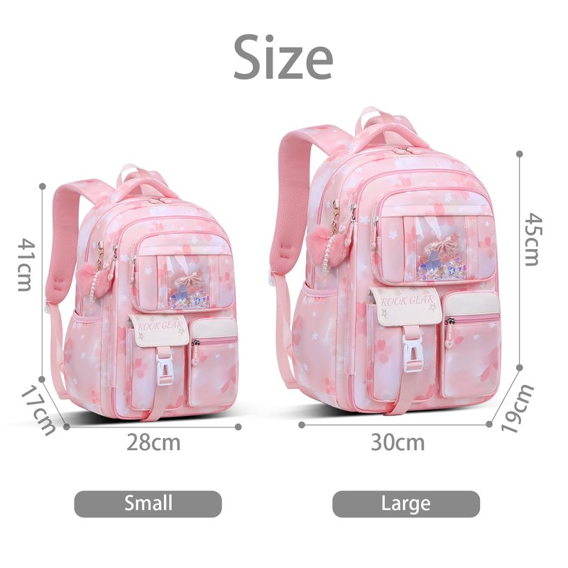 ROOK GEAR Backpack for Girls Kids Toddler, Cute Kawaii School Backpack with Glitter Design, Multi-Compartment Travel Bookbag for Kindergarten Elementary Daily Use (pink, Large)