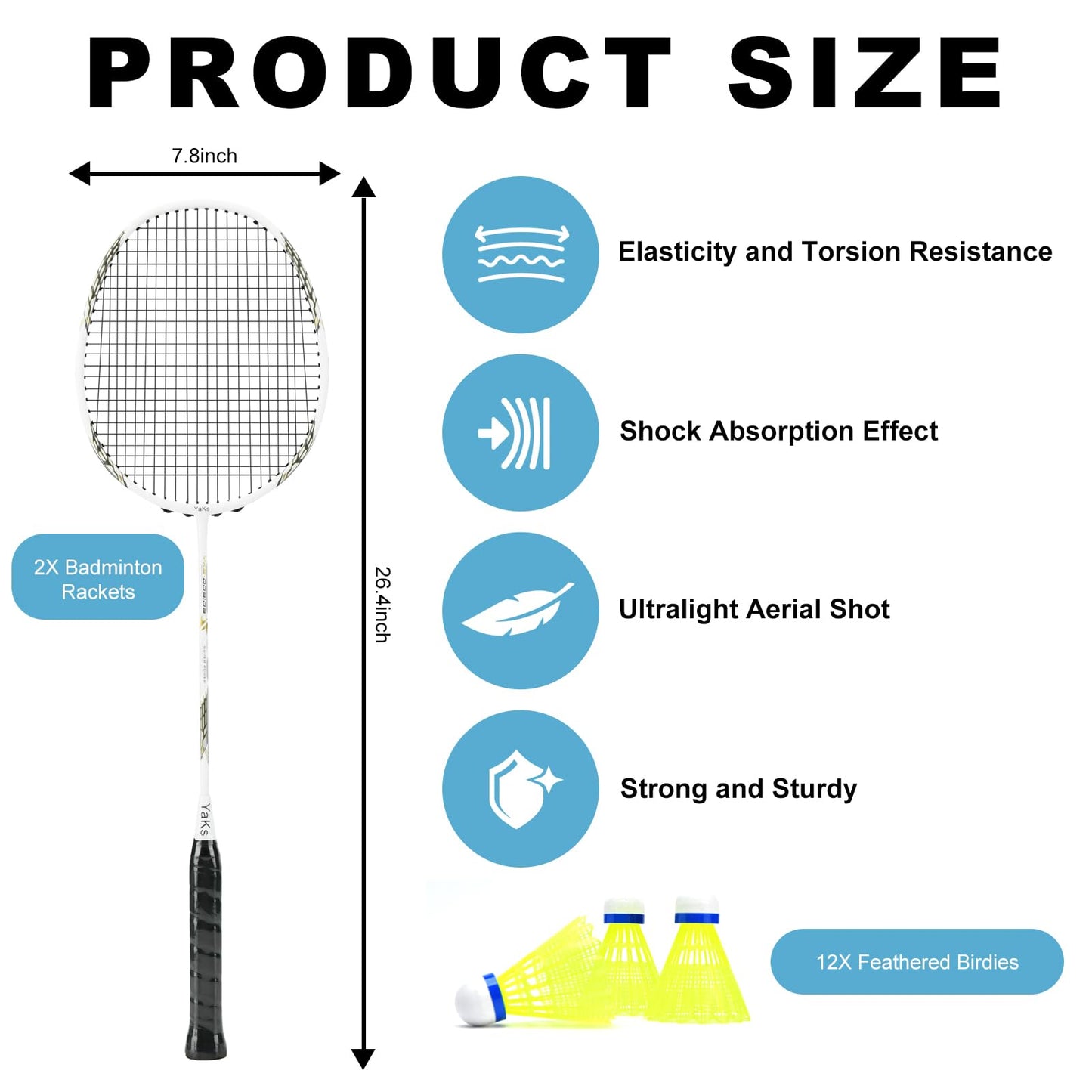 YAKS 3U Professional Carbon Fiber Badminton Racket Set - 2 Rackets Includes 12 Shuttlecocks & Carry Bag, Durable & Lightweight White