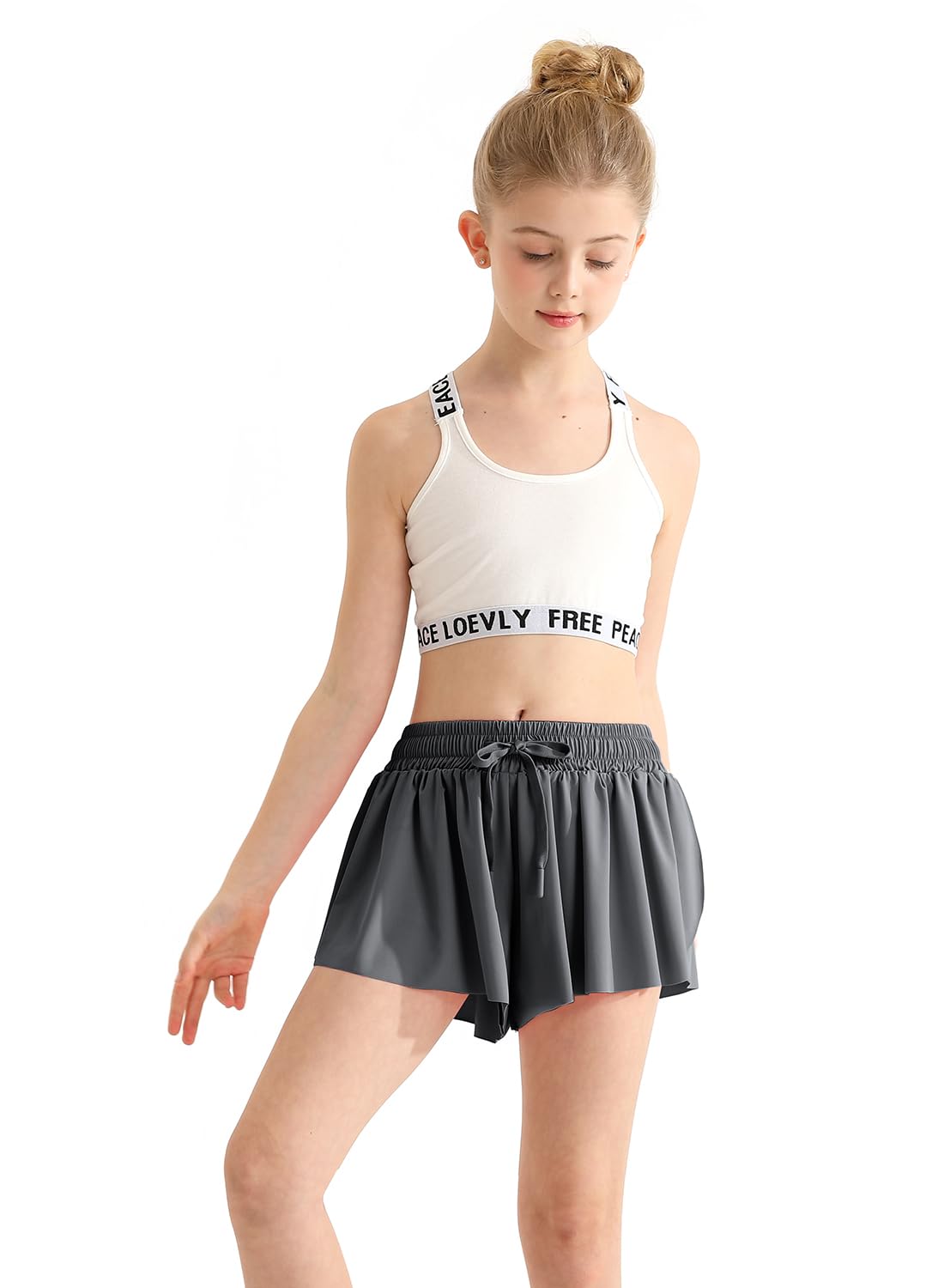 Girls Flowy Shorts with Spandex Liner 2-in-1 Youth Butterfly Skirts Grey for Fitness, Running, Sports 5-6 Years