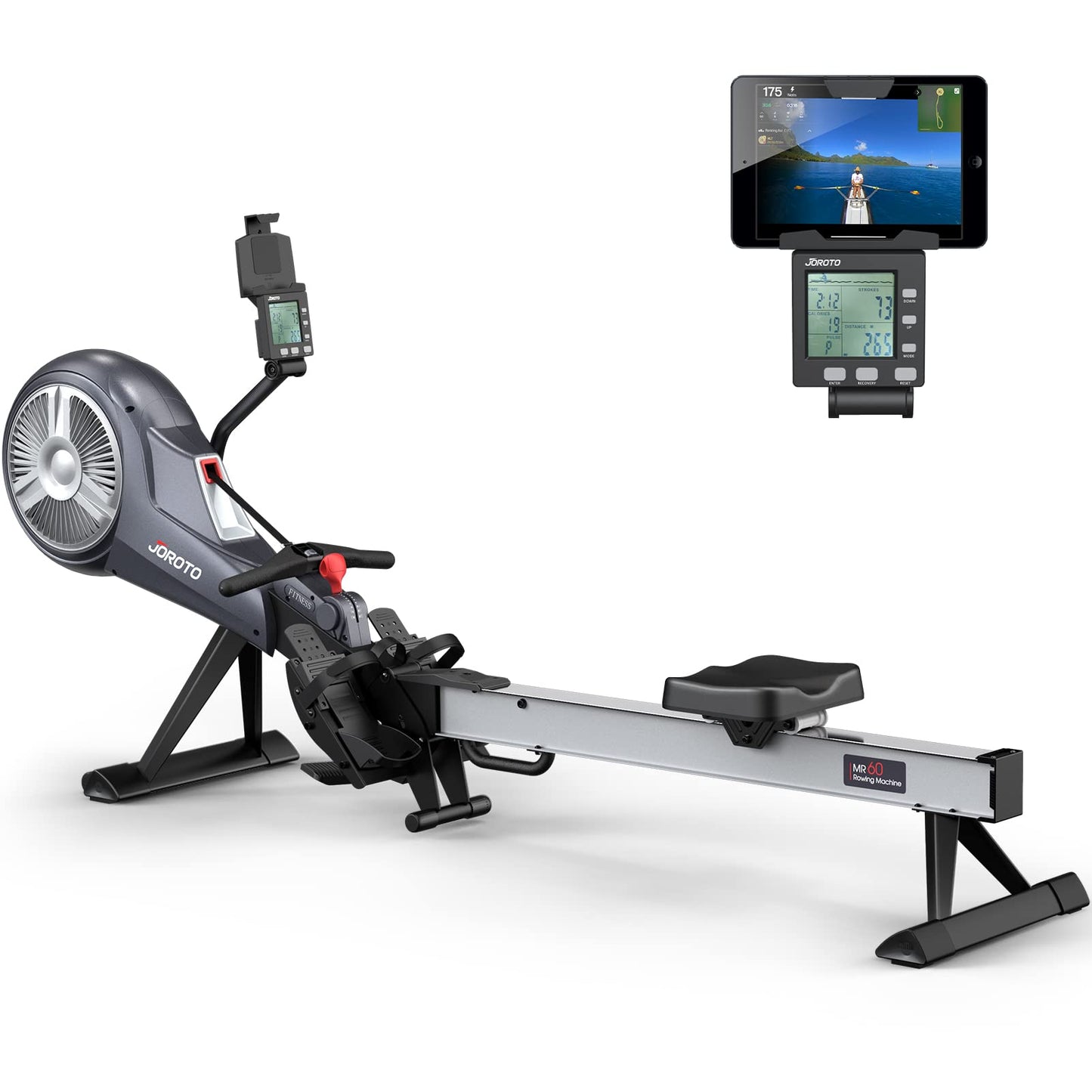 JOROTO Rowing Machine, Air Magnetic Foldable Rowing Machines for Home Use, Rower Machine with 49.5" Rail, Backlit Monitor, Bluetooth, App Supported, Tablet Holder