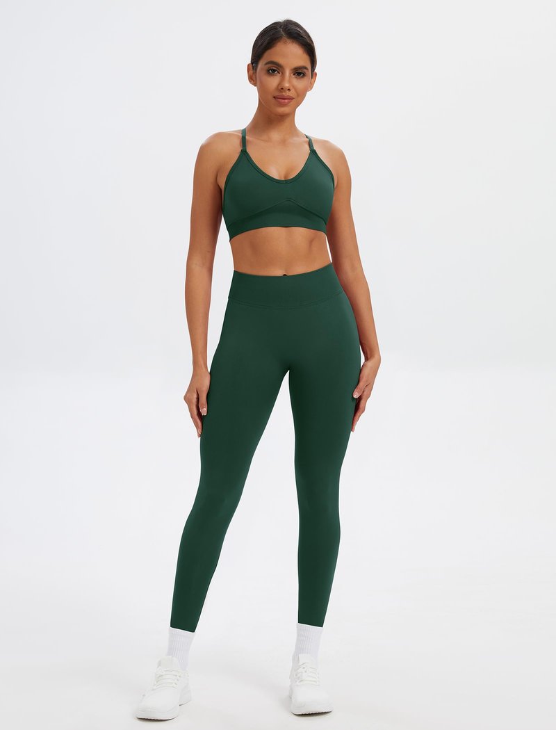 JUVOME Workout Sets for Women 2 Piece V Neck Sports Bras Matching High Waist Tummy Control Scrunch Butt Lifting Leggings Womens Two Piece Gym Athletic Active Wear Yoga Pilates Outfits Deep Forest S