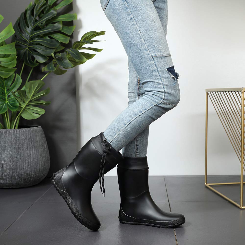 Asgard Women's Mid Calf Rain Boots Collar Gardening Boots Ultra Lightweight Portable Garden Shoes Black 39 (Size 8-8.5)