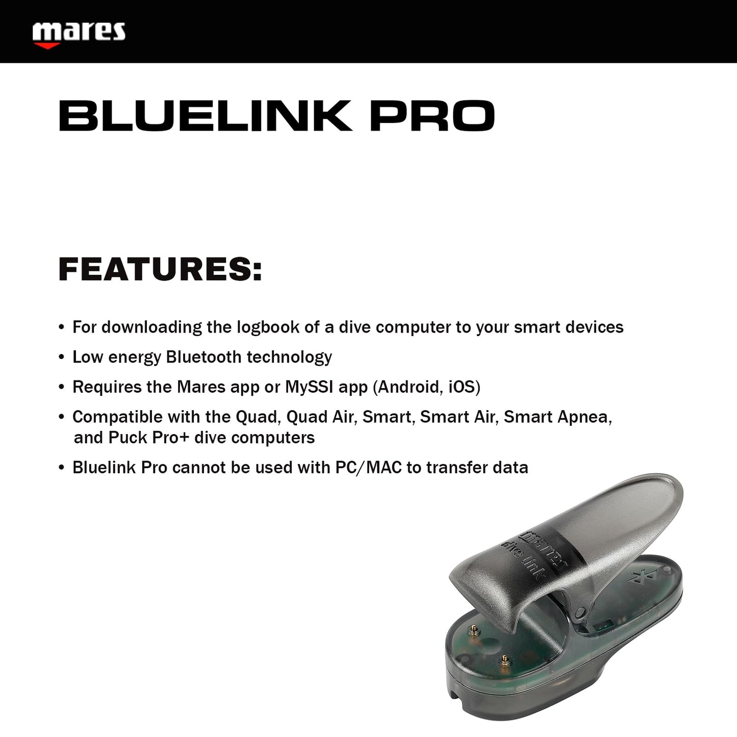 Mares Bluelink Pro Interface - Clip On Bluetooth Data Transfer Device for Scuba Dive Computers