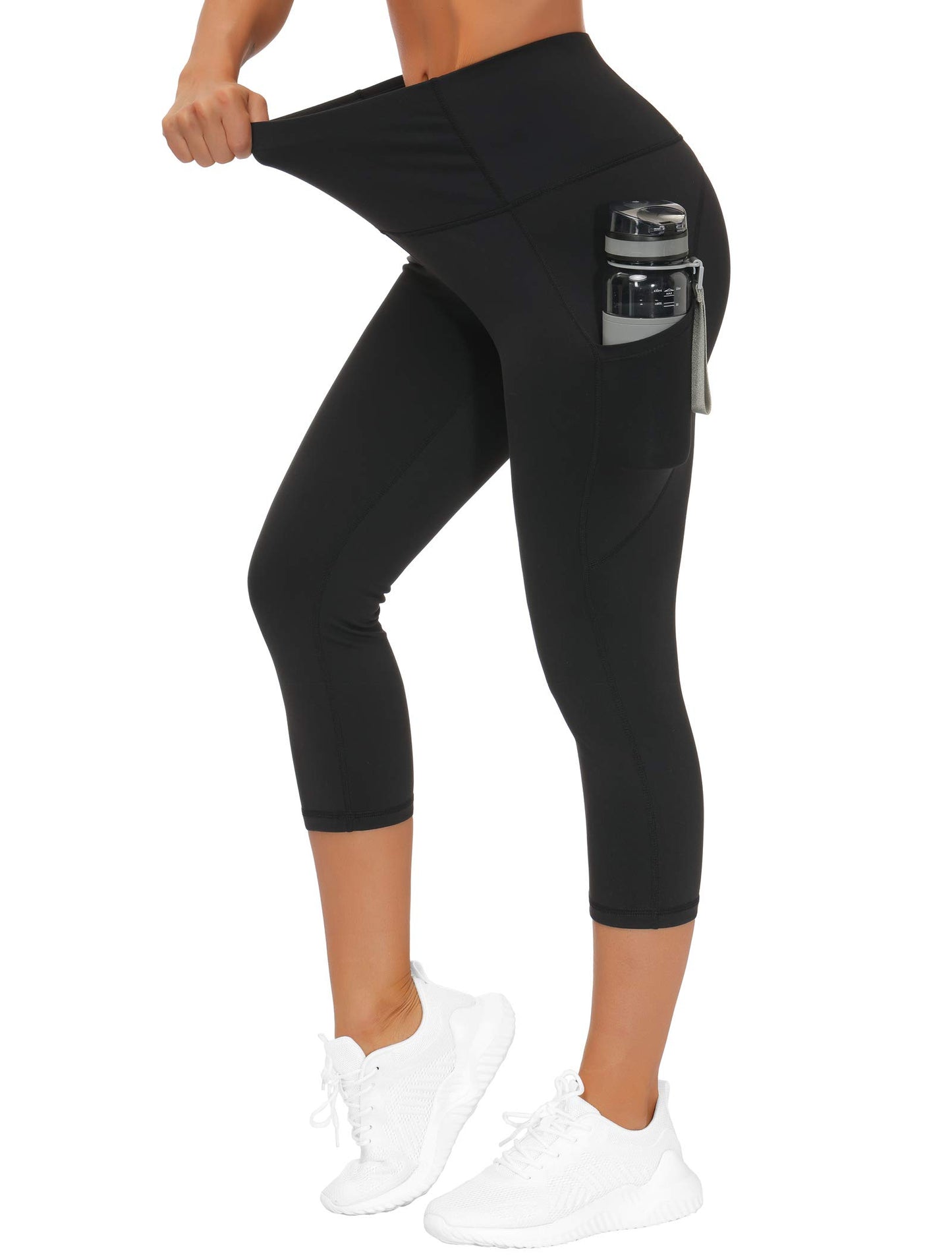 THE GYM PEOPLE Thick High Waist Yoga Capris with Pockets, Tummy Control Workout Running Yoga Leggings for Women (X-Large, Z- Capris Black)