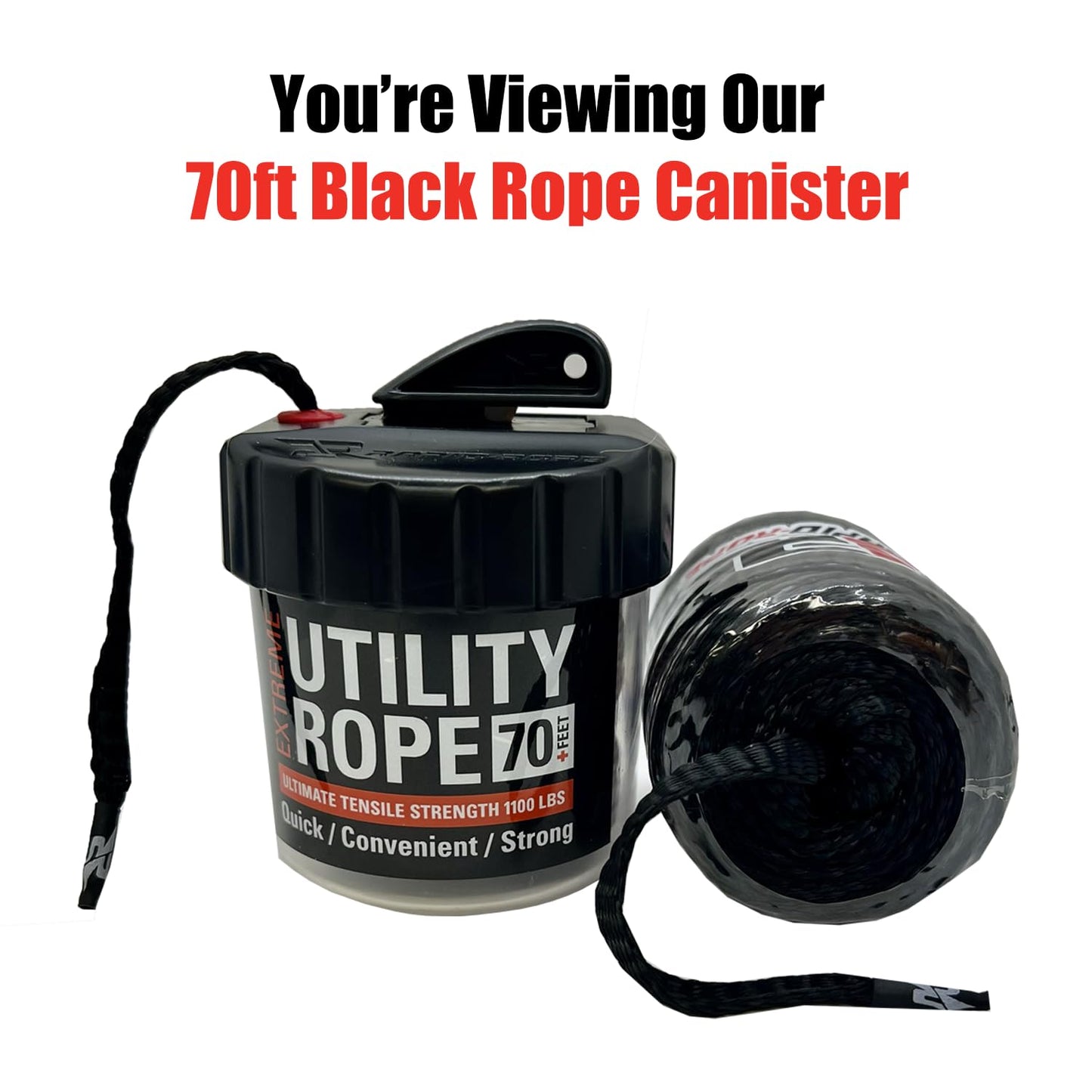 Rapid Rope Canister 70ft Black Flat Tactical Paracord, Made in USA, 1100lb Tested Heavy Duty Poly Rope Test Cord, Non-Tangle Dispenser Included - Hiking, Camping, Survival, Utility, Climbing