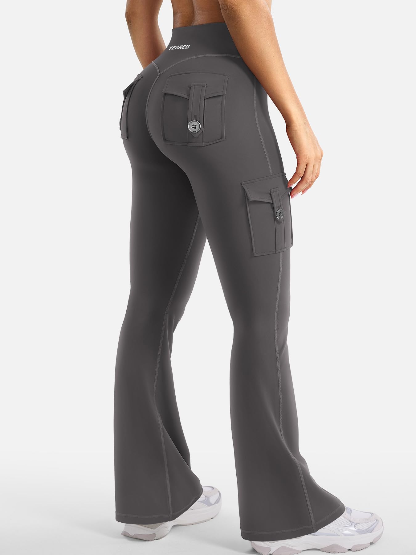 YEOREO CoreFlex Women Workout Flare Leggings with Pockets Hidden Scrunch High Waisted Cargo Gym Yoga No Front Seam Leggings Dark Grey M