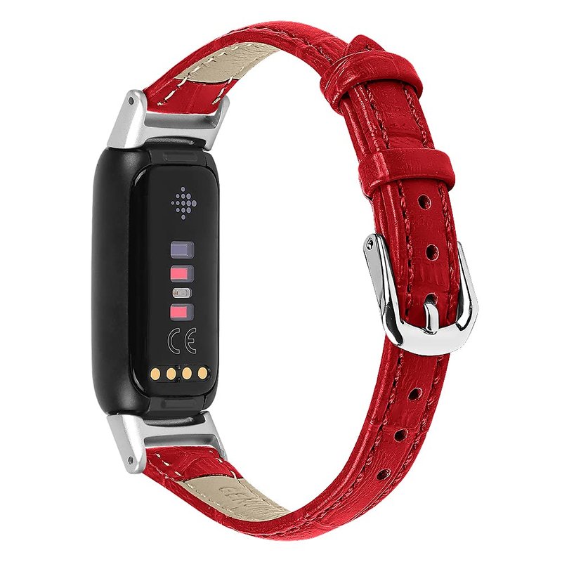 TenCloud 3-Pack Leather Bands Compatible with Fitbit Luxe, Classic Wristbands Metal Connectors Replacement Leather Strap for Luxe Fitness Tracker Women Men (Red,Black,Brown)