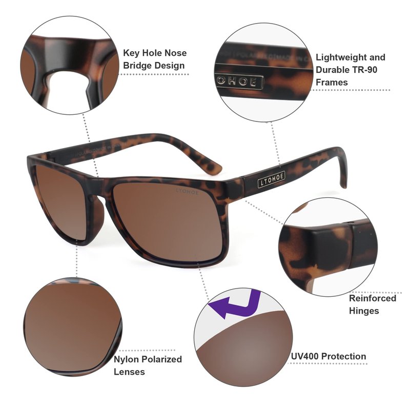 LTOHOE Polarized Sunglasses for Men and Women, Fishing Boating Driving Sport Beach Sunglasses UV400 Protection, Mirrored Scratch Resistant Lightweight TR90 Frame Rectangle Sunglasses