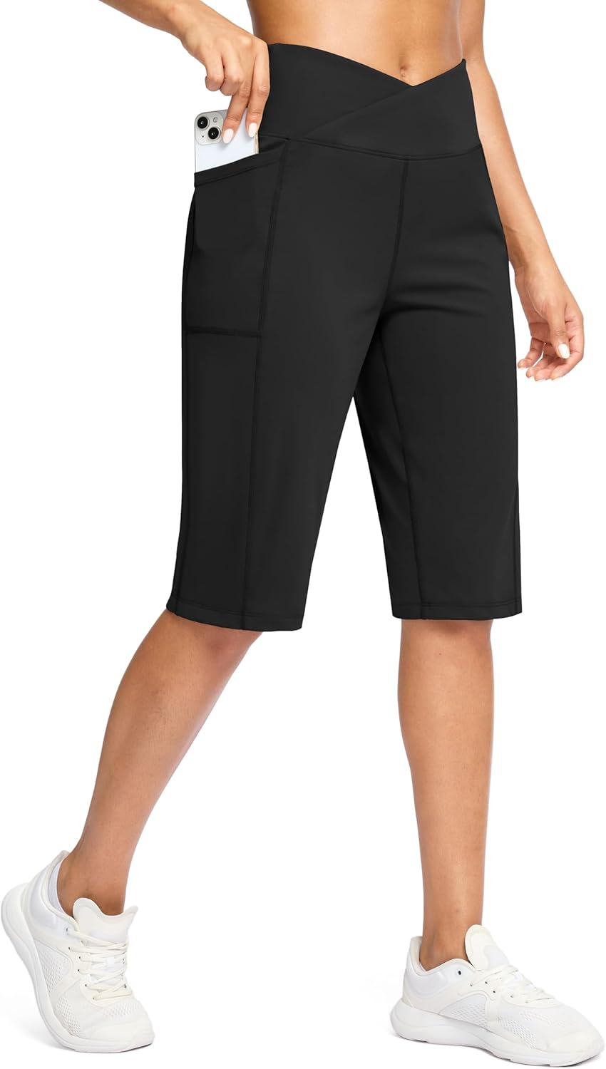 Women's High Waisted Bermuda Athletic Shorts - 14" Knee Length, Stretch Fabric, Pockets | Casual Summer Wear