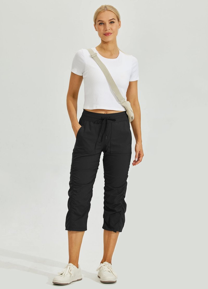 Willit Women's Quick-Dry Capris Travel Pants Lightweight Striped Woven Hiking Workout Casual Pants with Pockets Black L