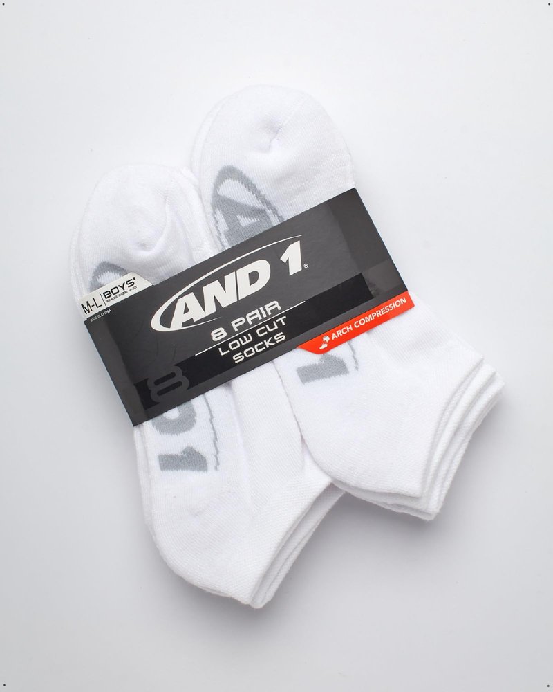 AND1 Boys Low Cut Socks - 16 Pack Cushioned Moisture Wicking Athletic No Show Socks for Boys for Sports and Running, Size Medium-Large, White